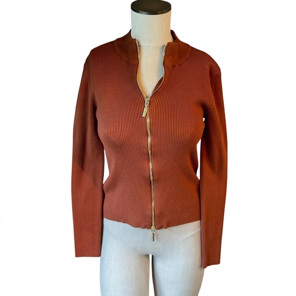 Alexia Admor Samantha Ribbed Double Zip Mock Neck Brown Classic Sweater Sz M - Picture 1 of 12